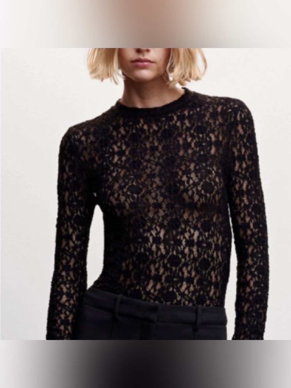 MANGO black sheer lace mock neck top, women’s size small - NWT
